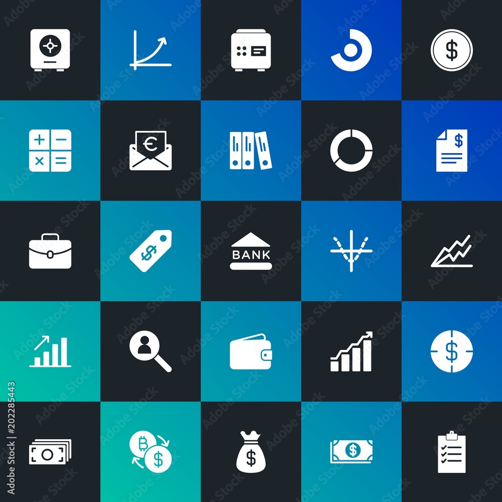 Modern Simple Set of business, money, charts Vector fill Icons. Contains such Icons as  security,  change,  market,  graphic and more on dark and gradient background. Fully Editable. Pixel Perfect.