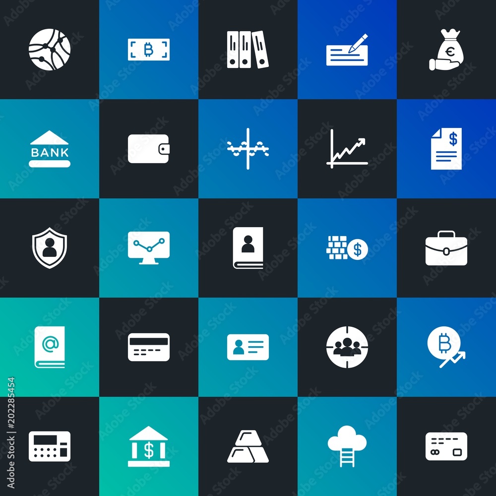 Modern Simple Set of business, money, charts Vector fill Icons. Contains such Icons as investment,  money, debit,  growth,  sky and more on dark and gradient background. Fully Editable. Pixel Perfect.
