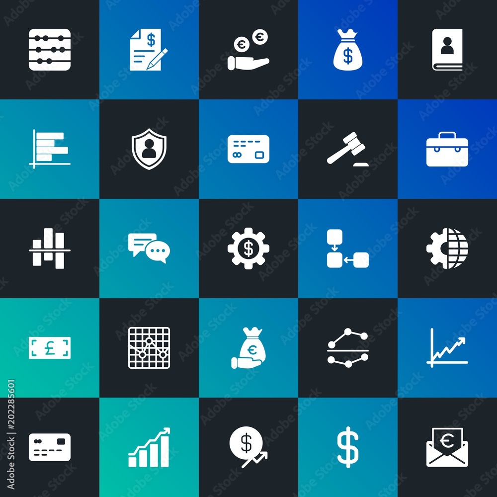 Modern Simple Set of business, money, charts Vector fill Icons. Contains such Icons as contact,  education,  communication and more on dark and gradient background. Fully Editable. Pixel Perfect.