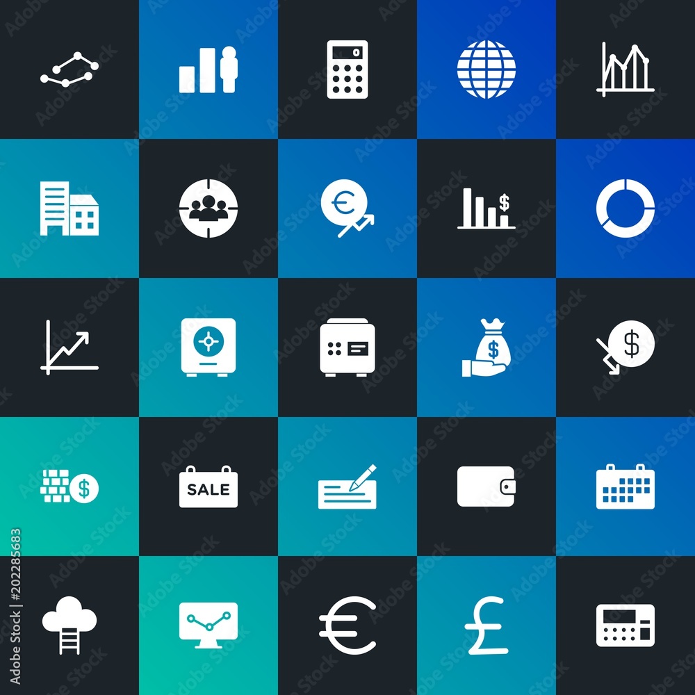 Modern Simple Set of business, money, charts Vector fill Icons. Contains such Icons as  success,  euro,  calendar, business and more on dark and gradient background. Fully Editable. Pixel Perfect.