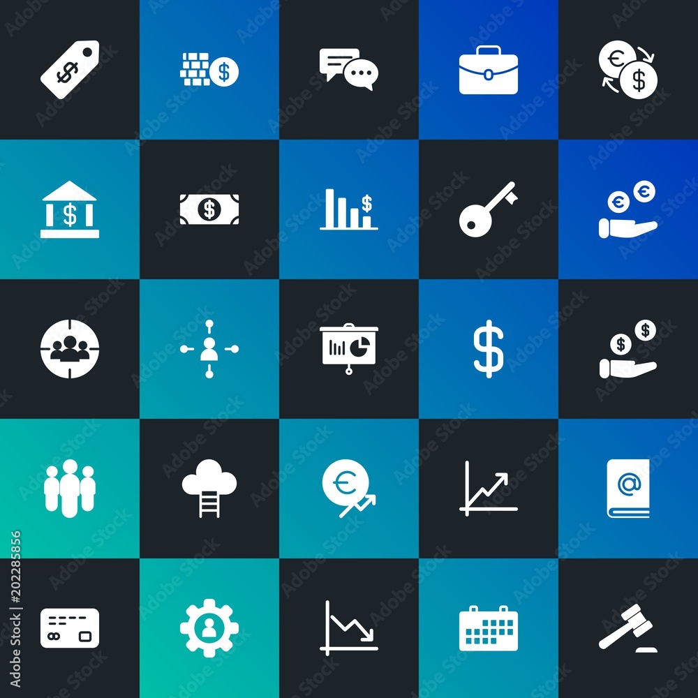 Modern Simple Set of business, money, charts Vector fill Icons. Contains such Icons as  change, sale,  book,  man,  tag, cash and more on dark and gradient background. Fully Editable. Pixel Perfect.