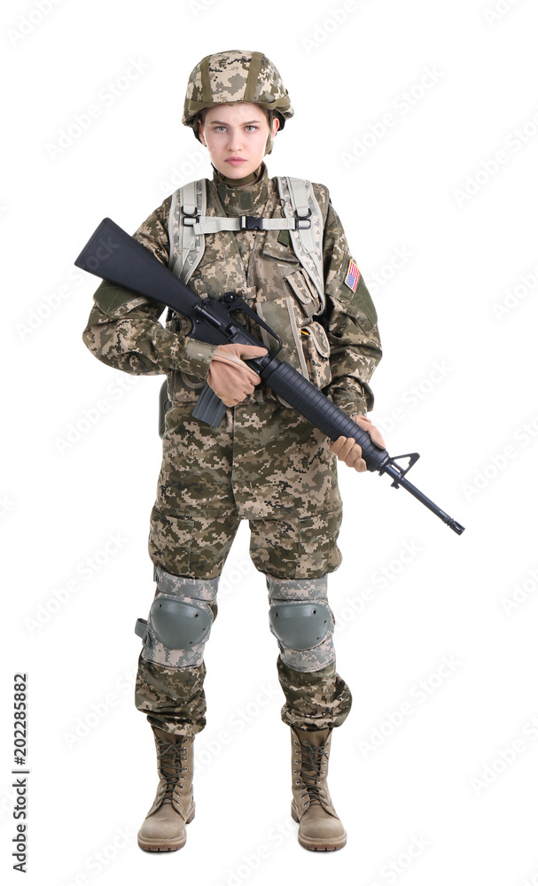 Female soldier with machine gun on white background. Military service Female soldier with machine gun on white background. Military service