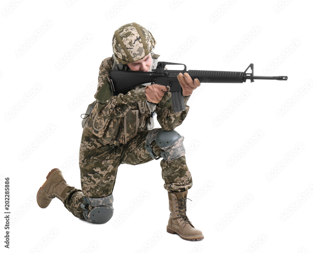 Female soldier with machine gun on white background. Military service Female soldier with machine gun on white background. Military service