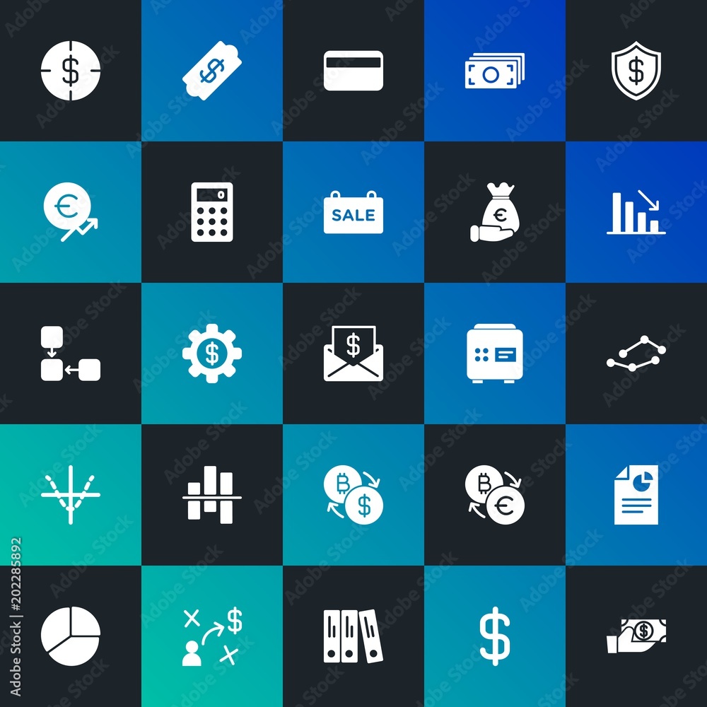 Modern Simple Set of business, money, charts Vector fill Icons. Contains such Icons as  usd,  security,  finance,  success and more on dark and gradient background. Fully Editable. Pixel Perfect.