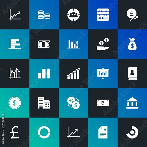 Modern Simple Set of business, money, charts Vector fill Icons. Contains such Icons as sign, data, cryptocurrency, audience and more on dark and gradient background. Fully Editable. Pixel Perfect.