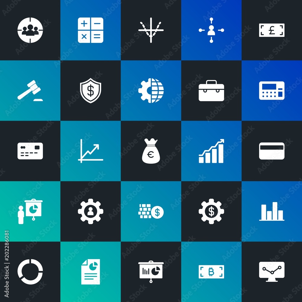 Modern Simple Set of business, money, charts Vector fill Icons. Contains such Icons as  presentation,  marketing,  button,  pie and more on dark and gradient background. Fully Editable. Pixel Perfect.