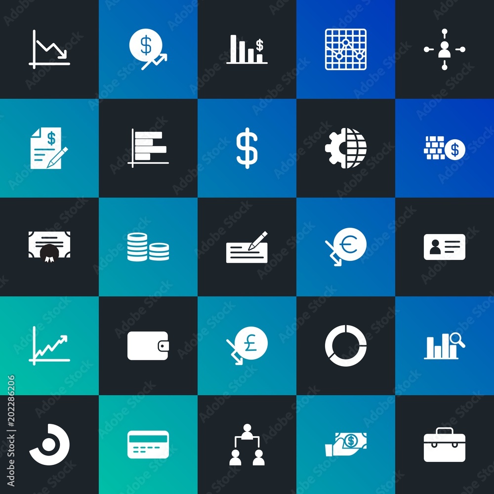 Modern Simple Set of business, money, charts Vector fill Icons. Contains such Icons as business, hierarchy,  graph,  data,  usd and more on dark and gradient background. Fully Editable. Pixel Perfect.