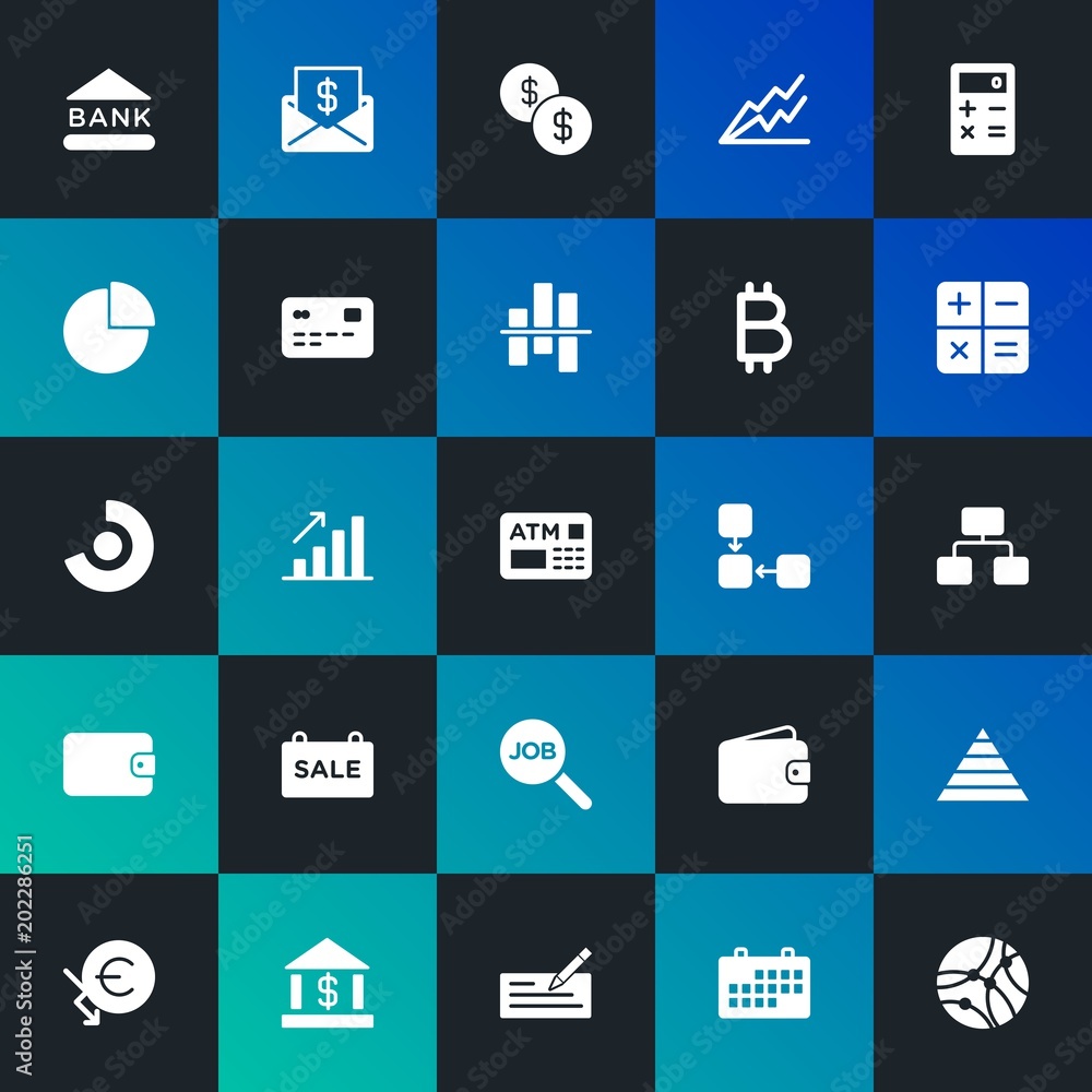 Modern Simple Set of business, money, charts Vector fill Icons. Contains such Icons as  mail, finance,  growth,  leather, euro and more on dark and gradient background. Fully Editable. Pixel Perfect.