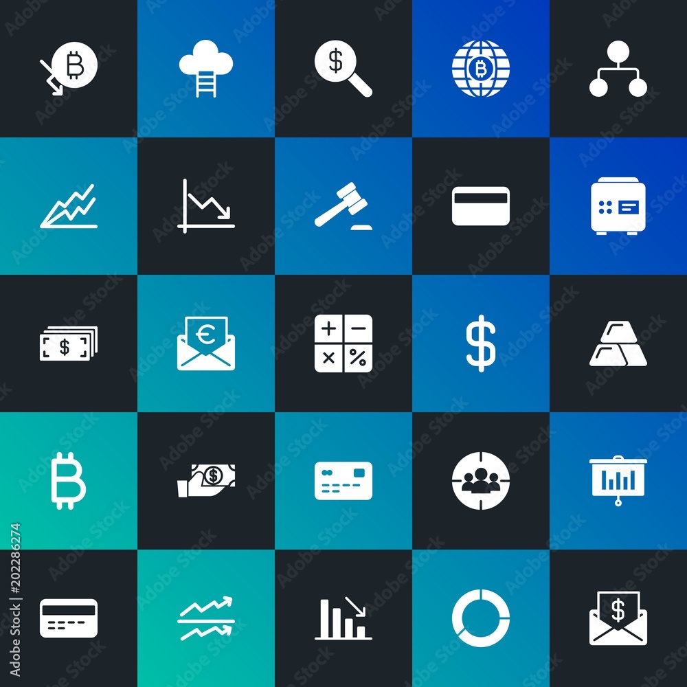 Modern Simple Set of business, money, charts Vector fill Icons. Contains such Icons as decline,  mail,  circle,  search,  debit and more on dark and gradient background. Fully Editable. Pixel Perfect.