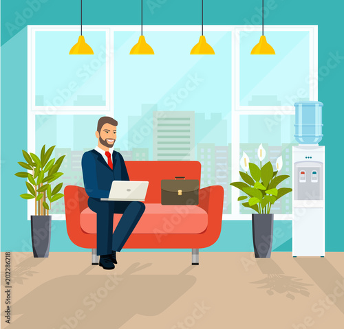 Business man working in the office on the couch. Vector flat style illustration