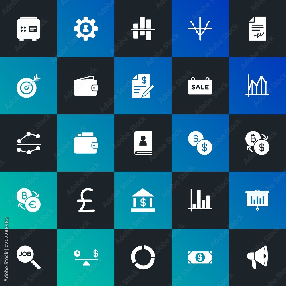 Modern Simple Set of business, money, charts Vector fill Icons. Contains such Icons as  full,  finance,  contract,  clock,  job and more on dark and gradient background. Fully Editable. Pixel Perfect.