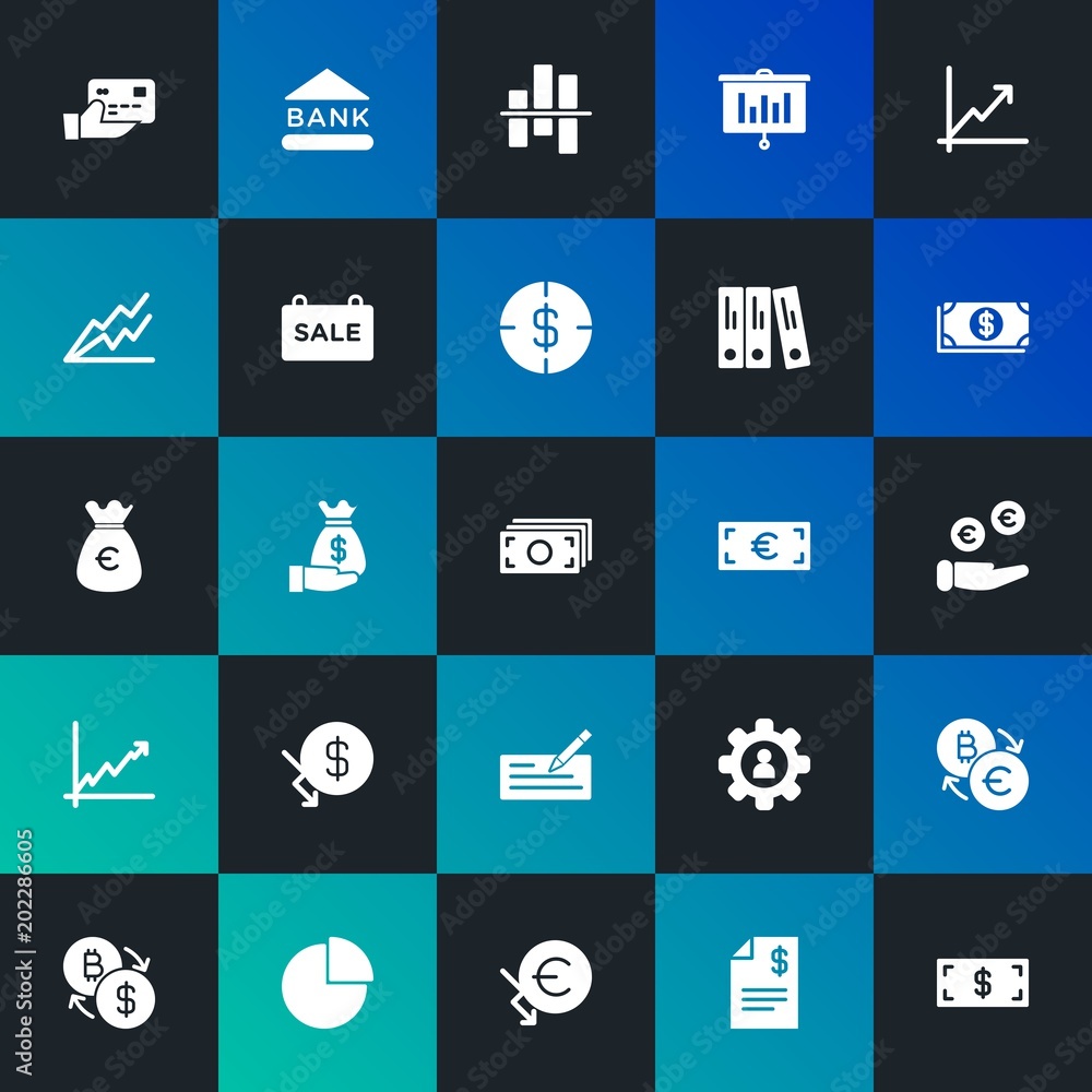 Modern Simple Set of business, money, charts Vector fill Icons. Contains such Icons as bill,  invoice, euro,  graph, payment and more on dark and gradient background. Fully Editable. Pixel Perfect.