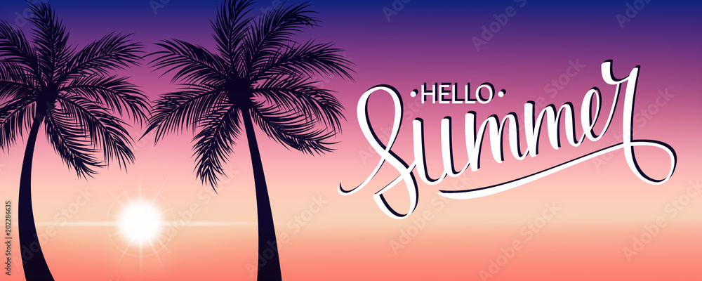 Naklejka premium Summertime banner with handwritten inscription Hello Summer, sunset and palm trees. Vector illustration.