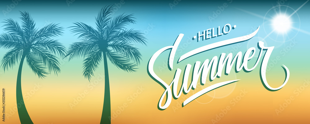 Fototapeta premium Hello Summer banner. Hand drawn lettering text design on blurred summer beach background. Vector illustration.