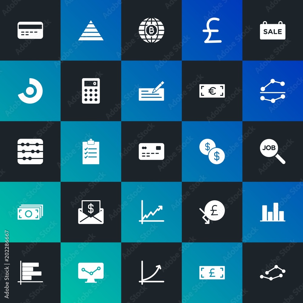Modern Simple Set of business, money, charts Vector fill Icons. Contains such Icons as finance,  offer,  scatter,  finance and more on dark and gradient background. Fully Editable. Pixel Perfect.