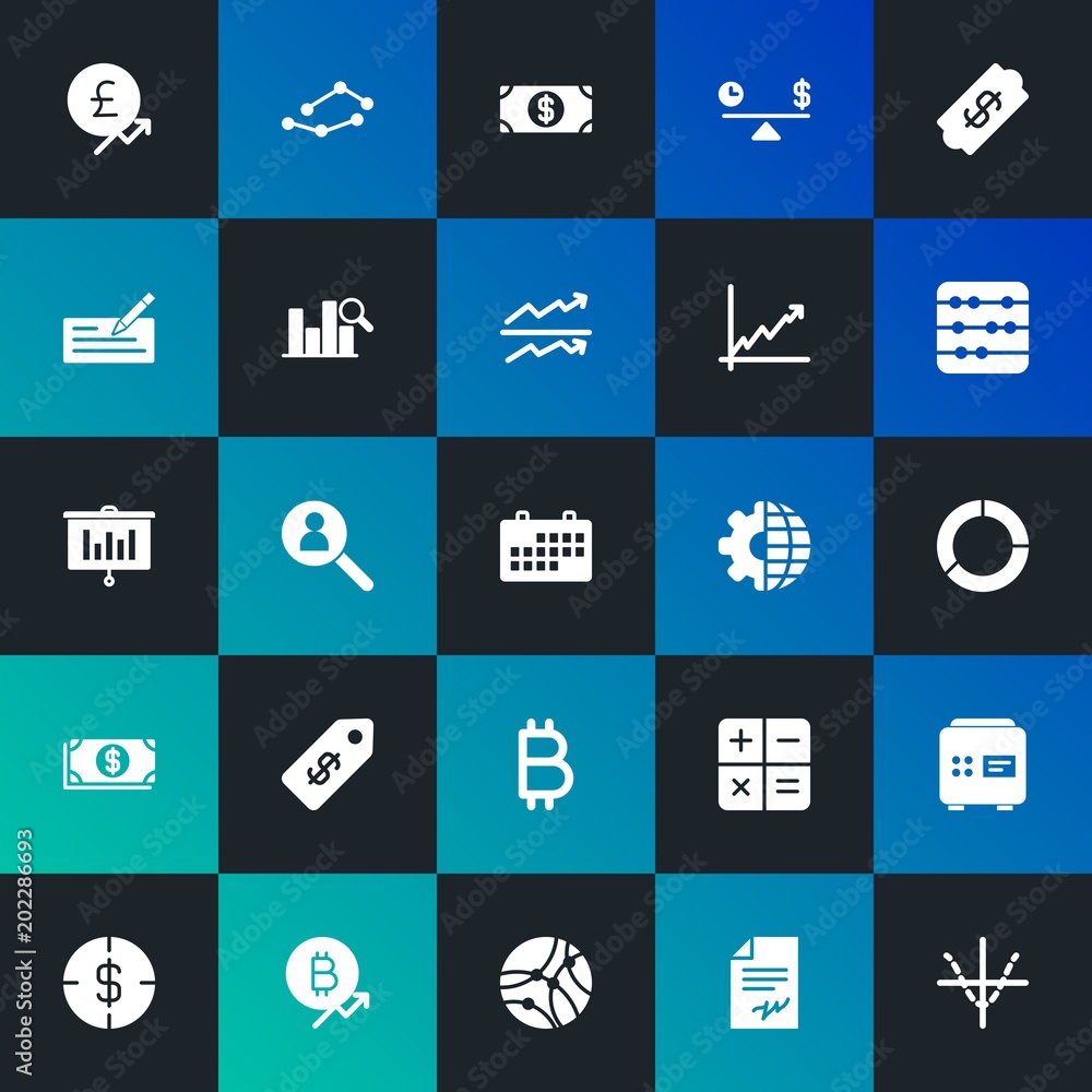 Modern Simple Set of business, money, charts Vector fill Icons. Contains such Icons as parabola,  bank,  growth,  vacancy, time and more on dark and gradient background. Fully Editable. Pixel Perfect.