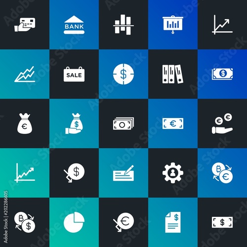 Modern Simple Set of business, money, charts Vector fill Icons. Contains such Icons as bill, invoice, euro, graph, payment and more on dark and gradient background. Fully Editable. Pixel Perfect.