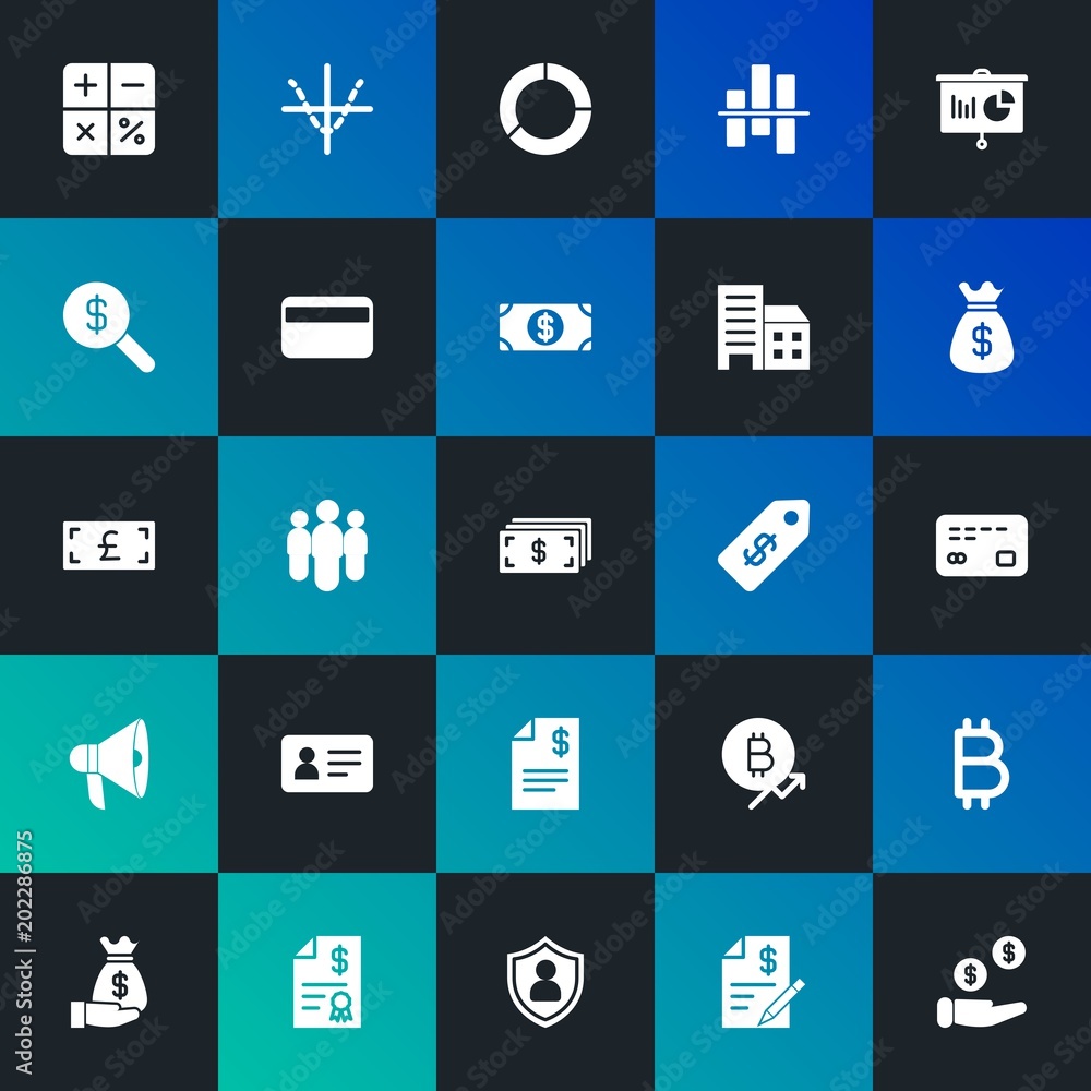 Modern Simple Set of business, money, charts Vector fill Icons. Contains such Icons as  online, currency,  group,  double, card and more on dark and gradient background. Fully Editable. Pixel Perfect.