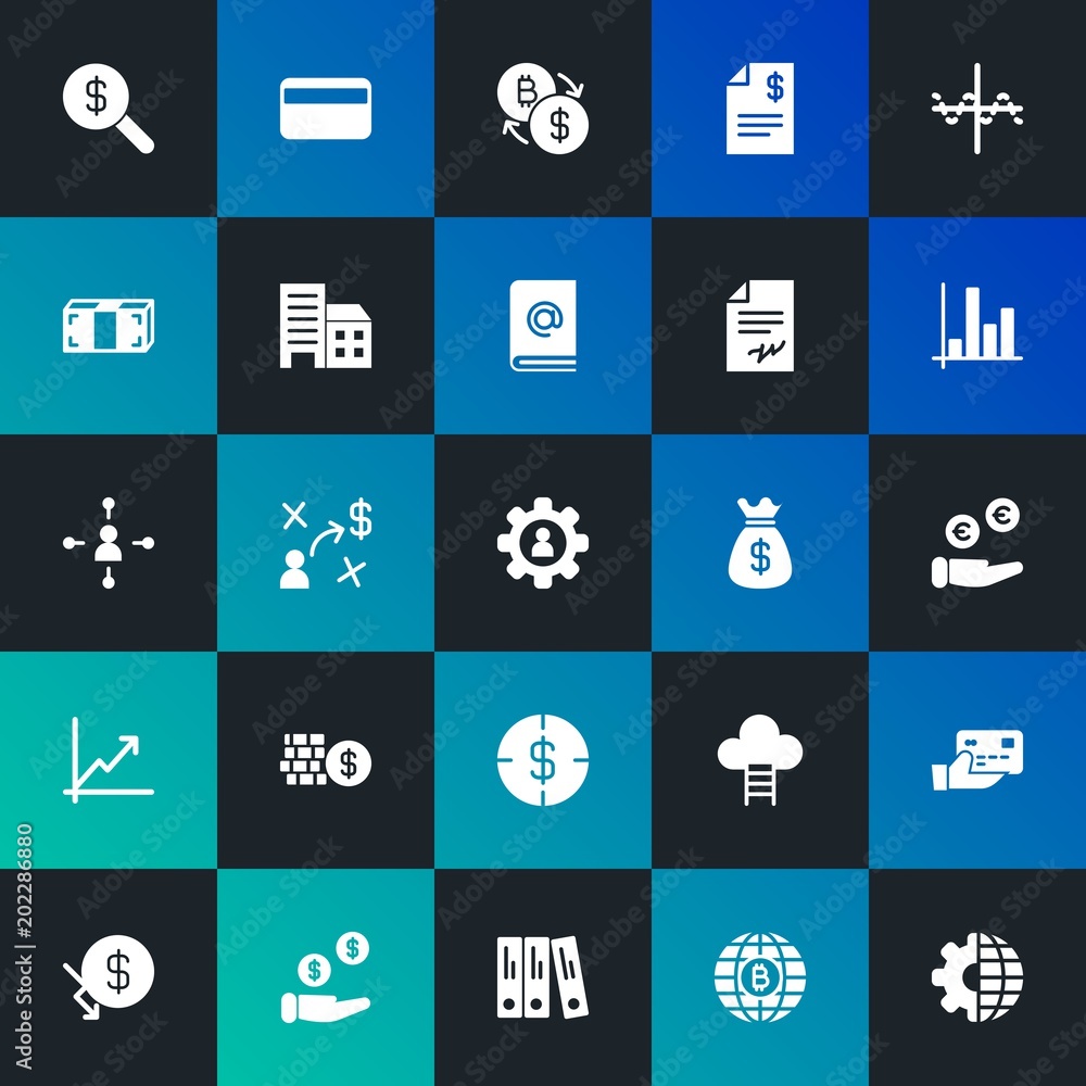 Modern Simple Set of business, money, charts Vector fill Icons. Contains such Icons as  high, diagram, money,  usd,  search and more on dark and gradient background. Fully Editable. Pixel Perfect.