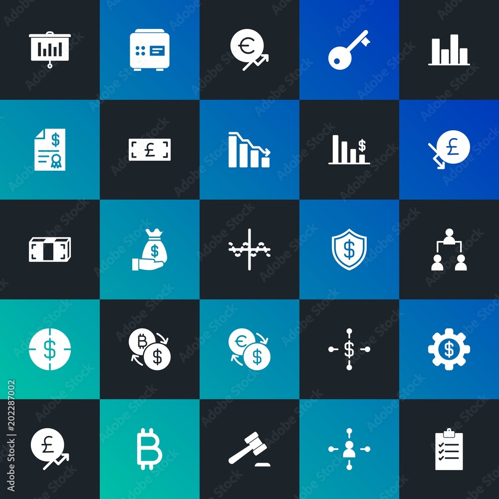Modern Simple Set of business, money, charts Vector fill Icons. Contains such Icons as  bill,  open, business,  man,  check and more on dark and gradient background. Fully Editable. Pixel Perfect.