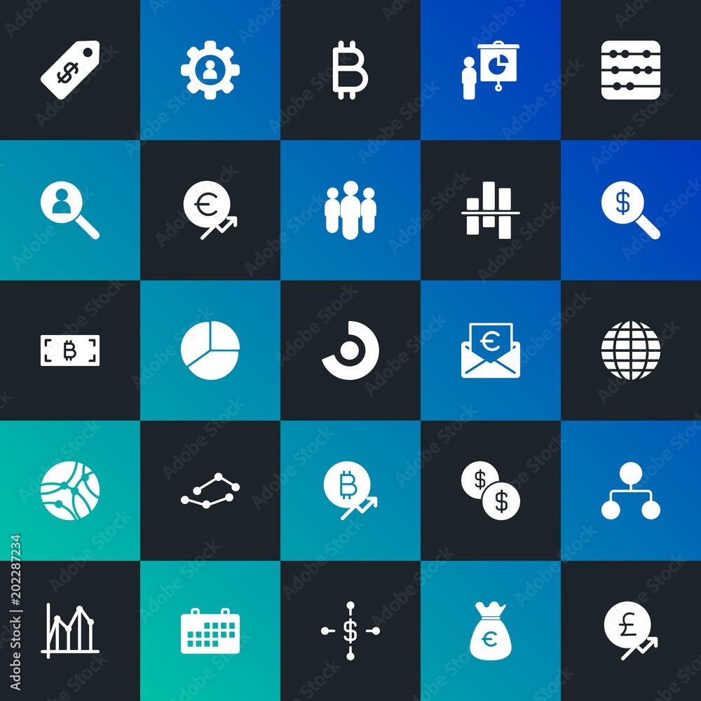 Modern Simple Set of business, money, charts Vector fill Icons. Contains such Icons as presentation,  change,  chart,  people and more on dark and gradient background. Fully Editable. Pixel Perfect.