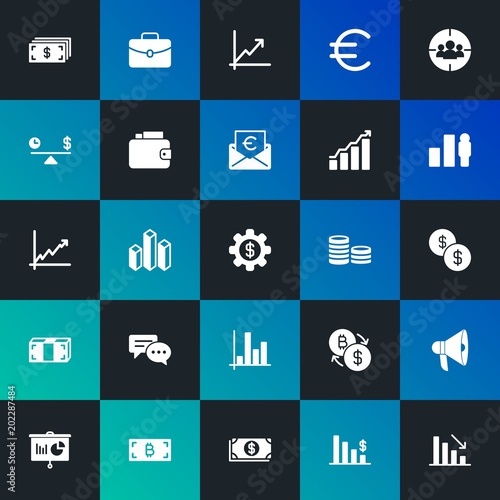Modern Simple Set of business, money, charts Vector fill Icons. Contains such Icons as full, euro, decline, audience, group and more on dark and gradient background. Fully Editable. Pixel Perfect.
