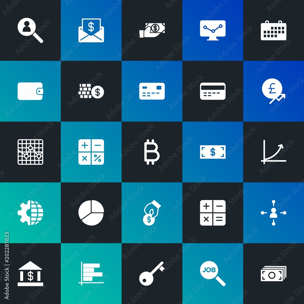 Modern Simple Set of business, money, charts Vector fill Icons. Contains such Icons as  leather,  business,  computer,  payment and more on dark and gradient background. Fully Editable. Pixel Perfect.
