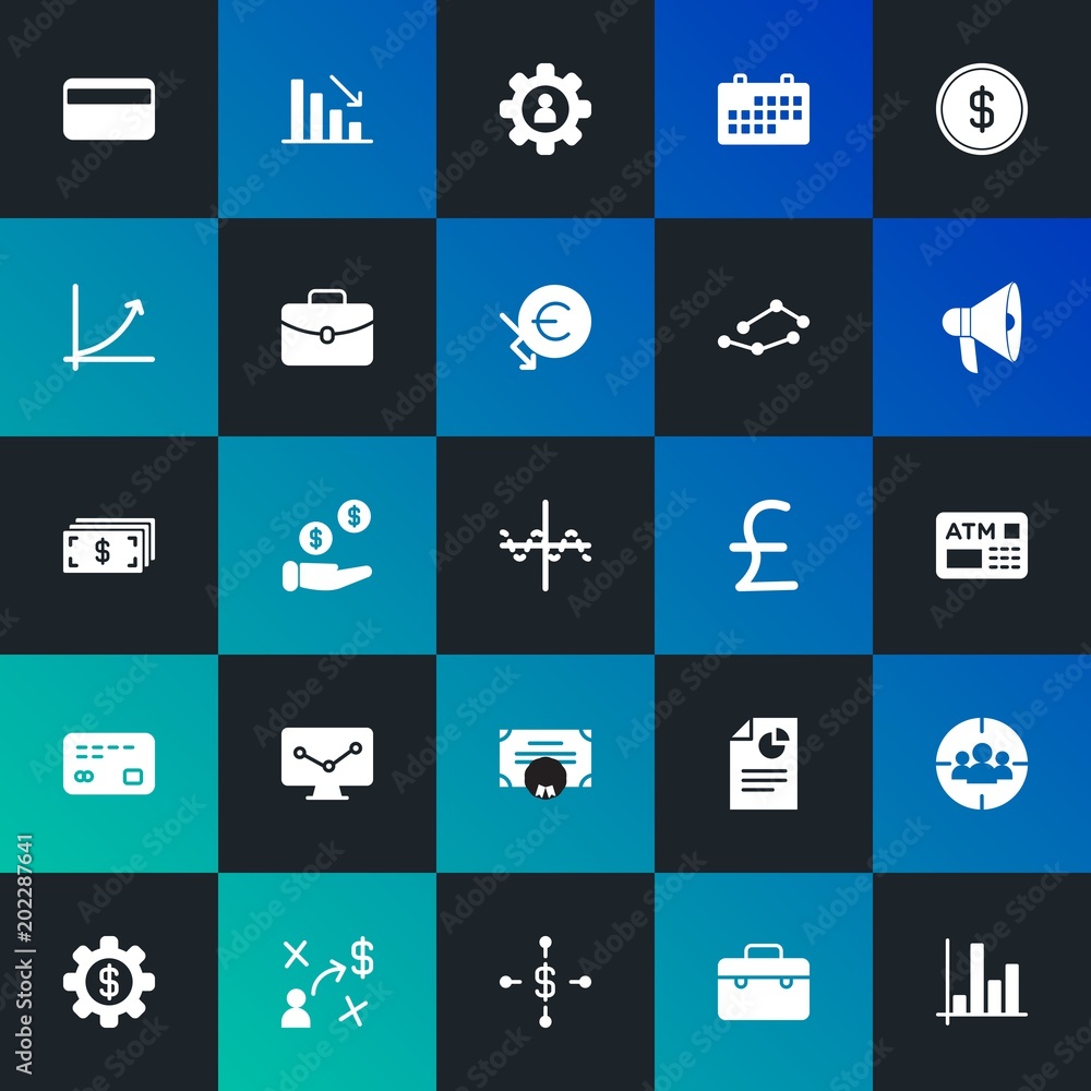Modern Simple Set of business, money, charts Vector fill Icons. Contains such Icons as graph,  pay,  chart,  calendar,  finance and more on dark and gradient background. Fully Editable. Pixel Perfect.
