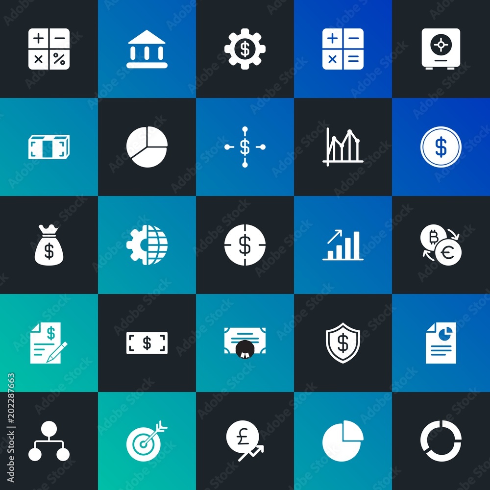 Modern Simple Set of business, money, charts Vector fill Icons. Contains such Icons as  financial,  presentation,  business and more on dark and gradient background. Fully Editable. Pixel Perfect.