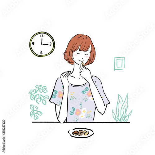 ナッツを食べる　女性　イラスト
