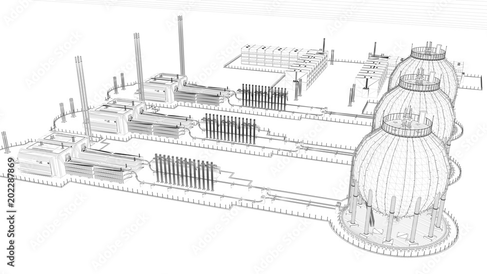 Fototapeta premium 3d rendering of a blueprint industrial city with detailed objects