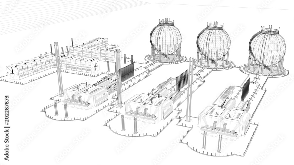 3d rendering of a blueprint industrial city with detailed objects