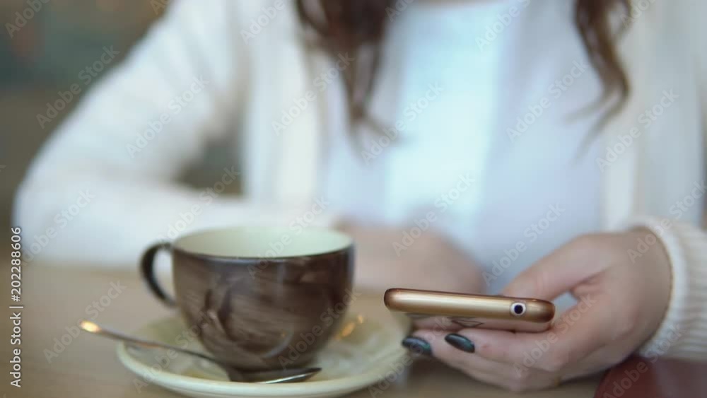 Brunette woman with a phone at a table in a cafe. Brunette woman with a phone at a table in a cafe.