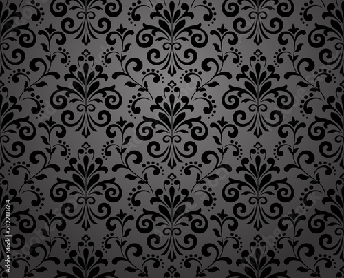 Wallpaper in the style of Baroque. A seamless vector background. Black floral ornament. Graphic pattern for fabric, wallpaper, packaging. Ornate Damask flower ornament