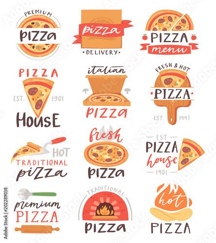 Pizza lettering vector italian food sign of pizzeria or pizzahouse for typography print illustration set of baked pie or pizzaoven on banner with text isolated on white background