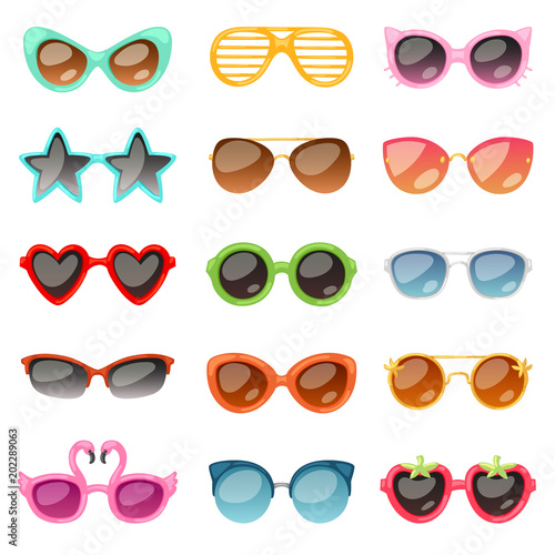 Glasses vector cartoon eyeglasses or sunglasses in stylish shapes for party and fashion optical spectacles set of eyesight view accessories illustration isolated on white background