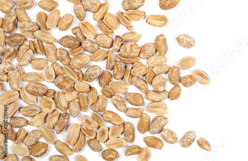 Salted and marinated peanut pile isolated on white background, top view