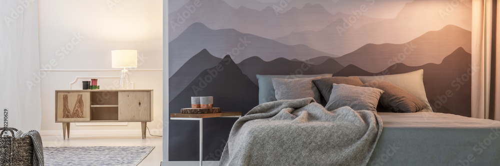 Mountain wallpaper in bedroom - obrazy, fototapety, plakaty 