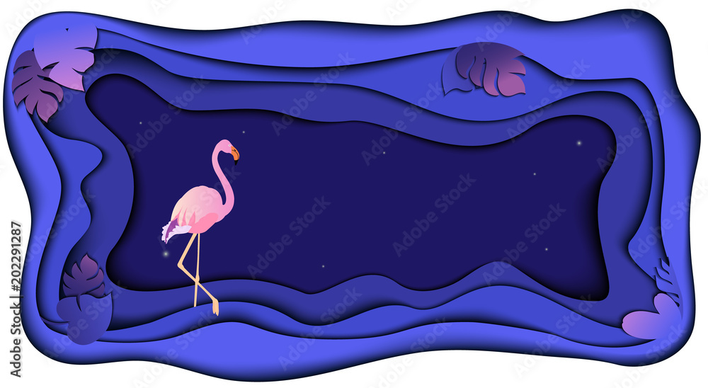 Obraz premium Pink flamingo floral jungle background. Purple tropical web banner template with palm leaves made in 3D paper cut, craft style. Luminous bugs glowing at night. Summer botanical vector illustration.