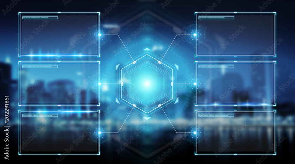 Digital screens interface with holograms datas 3D rendering Digital screens interface with holograms datas 3D rendering