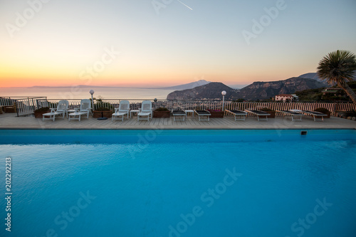 Swimming pool on the Amalfi Coast with views of the Gulf of Naples and Vesuvius. Sorrento. Italy © wjarek