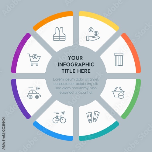 Circle chart hotel, shopping, travel infographic template with 8 options for presentations, advertising, annual reports