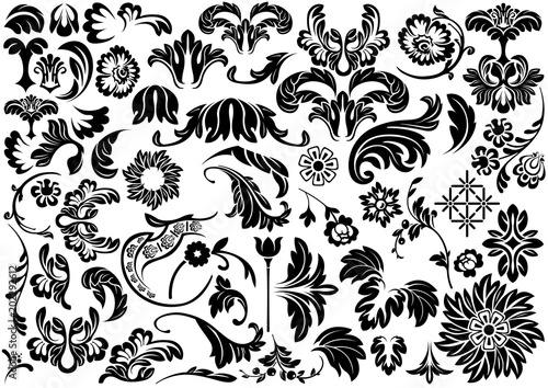 Set of Damask Floral Reliefs - Black and White Design Elements for Your Patterns or Textures, Vector Illustration