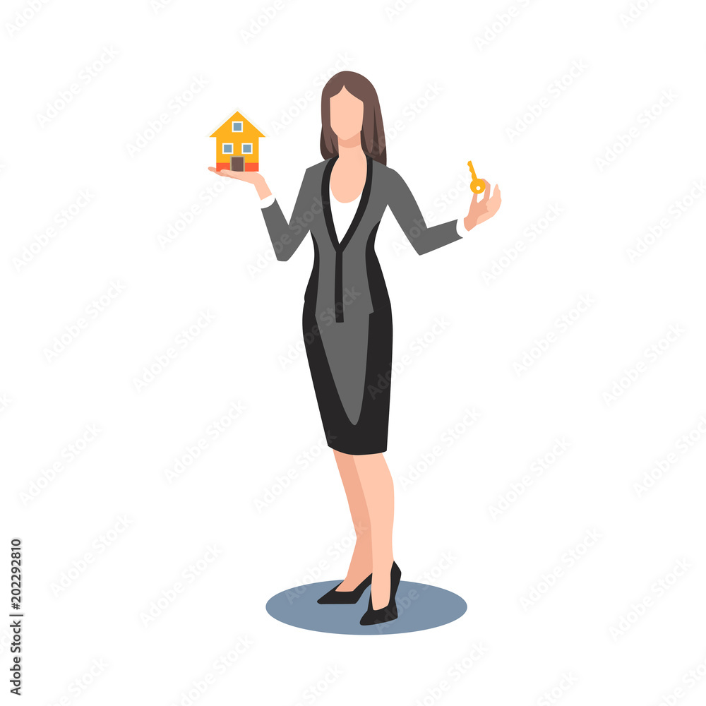 Realtor holds a key in hand and small house flat, illustration, vector Realtor holds a key in hand and small house flat, illustration, vector