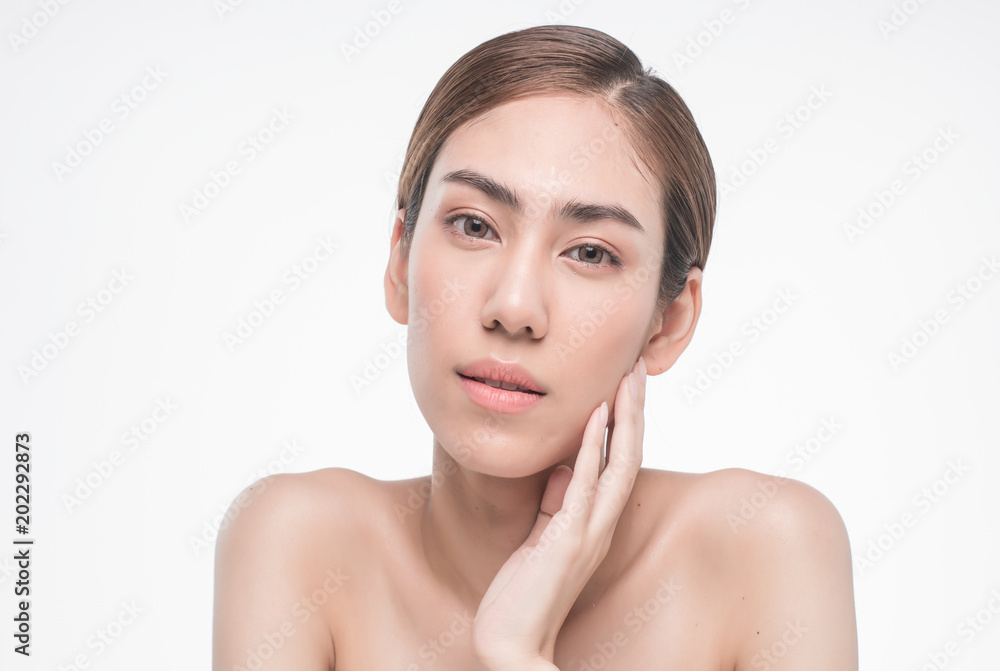Young beautiful asia woman touching her face isolated on white background concept skincare cosmetic Young beautiful asia woman touching her face isolated on white background concept skincare cosmetic