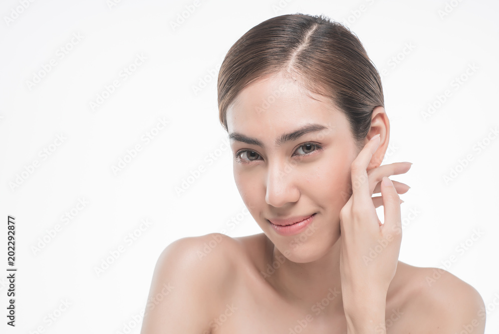 Young beautiful asia woman touching her face isolated on white background concept skincare cosmetic Young beautiful asia woman touching her face isolated on white background concept skincare cosmetic