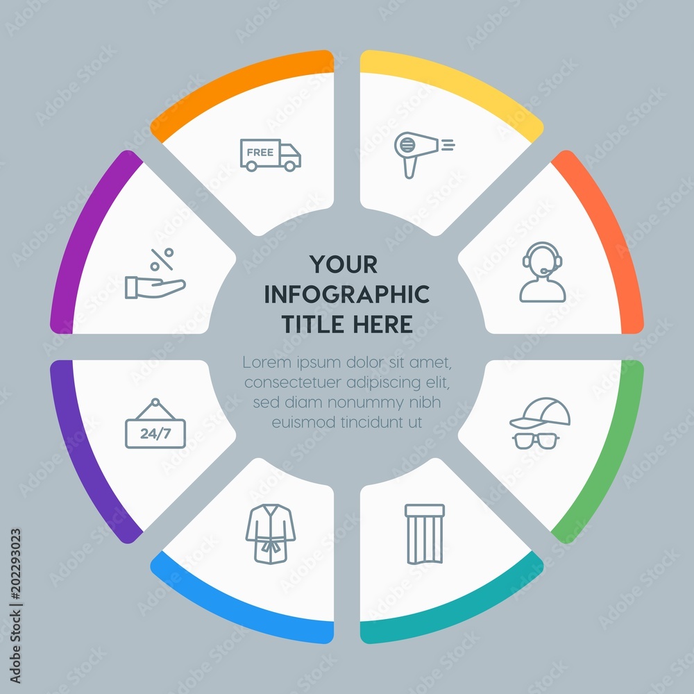 Circle chart hotel, shopping, travel infographic template with 8 options for presentations, advertising, annual reports Circle chart hotel, shopping, travel infographic template with 8 options for presentations, advertising, annual reports