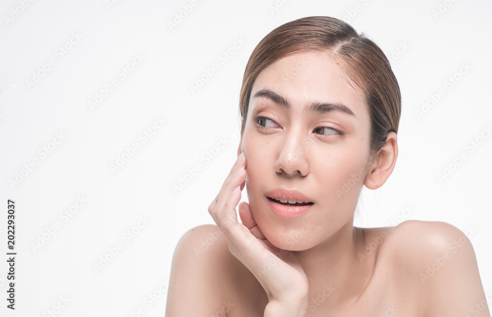 Young beautiful asia woman touching her face isolated on white background concept skincare cosmetic Young beautiful asia woman touching her face isolated on white background concept skincare cosmetic