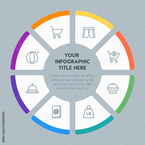 Circle chart hotel, shopping, travel infographic template with 8 options for presentations, advertising, annual reports