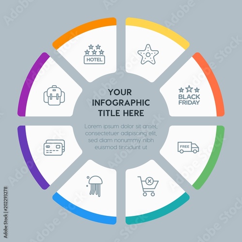 Circle chart hotel, shopping, travel infographic template with 8 options for presentations, advertising, annual reports
